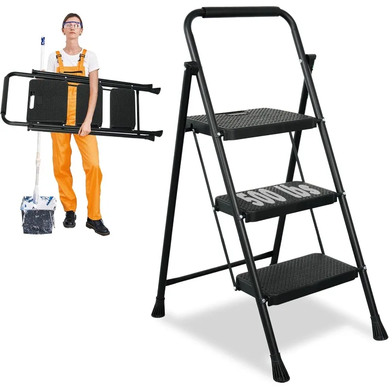 

Лестница, переносной стальной складной табурет с широкой противоскользящей педалью, прочная стальная лестница 500 фунтов, черный