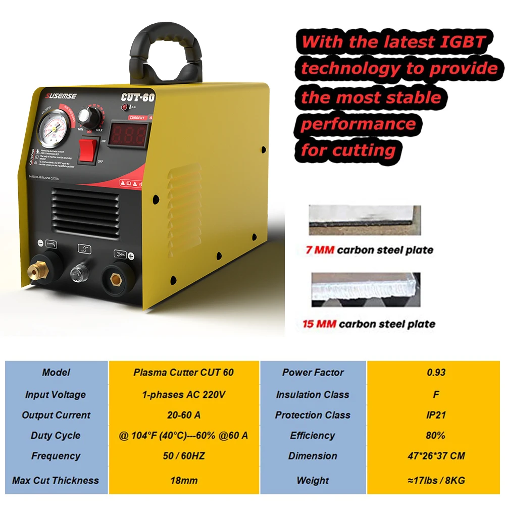 Susemse Plasma Cutter Cut60 HF Digital Control Plasma Metal Cutting Machine IGBT Max Cutting Thickness 2/3 inch（18mm） 60Amps