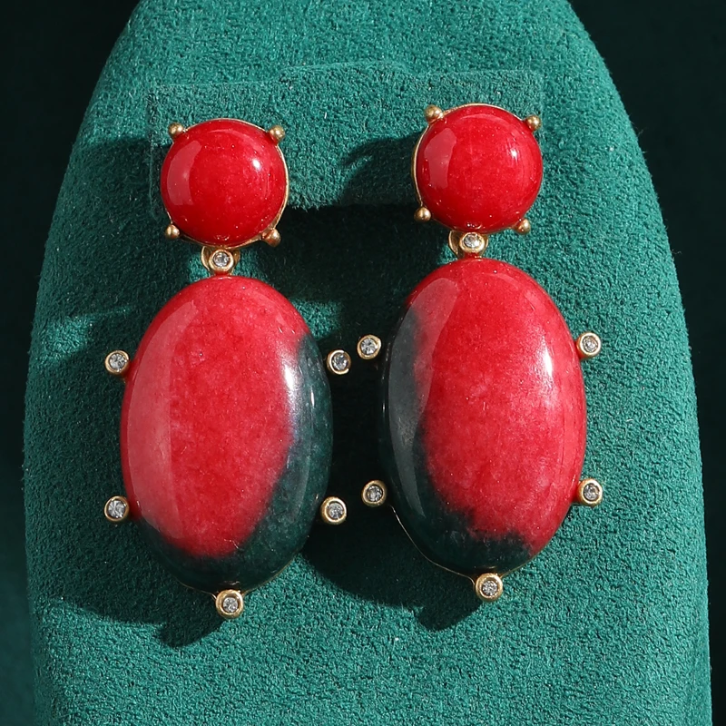 خمر ارتفع الأحمر الحجر الطبيعي انخفاض القرط كبير الذهب اللون حجر الراين مجوهرات فاخرة للمرأة اكسسوارات حفلة جديدة في 2025