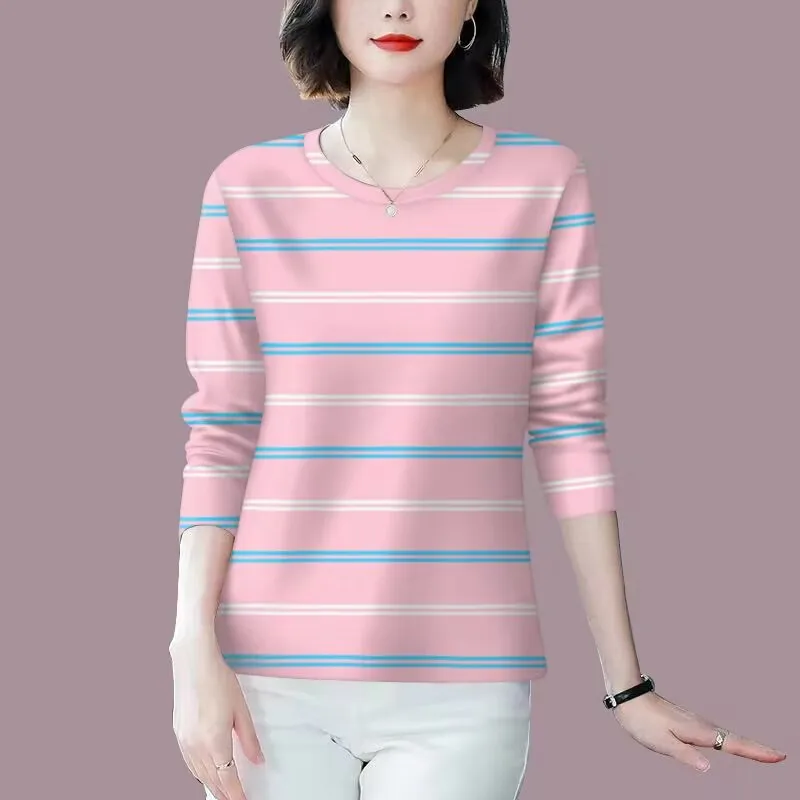 Mom Stripe Long Sleeve T-Shirt Women's Bottoming Shirt Belly Covering Trendy Commute Style Loose Fit Printed round Neck Top