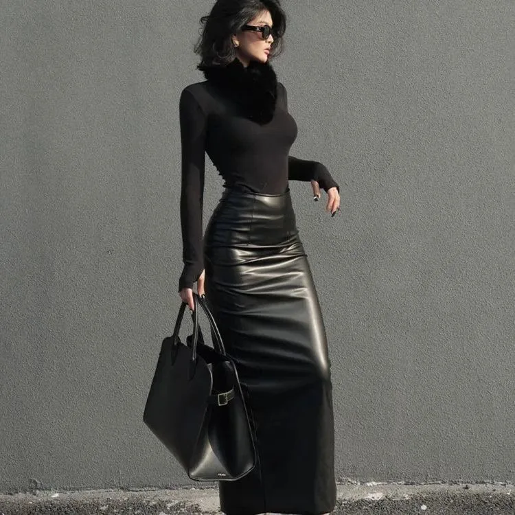 Black PU Leather Slit Half Skirt Women's Tight Fit Bodycon Skirt High Waist Midi Length Wrap around Skirt Commute Style Autum...