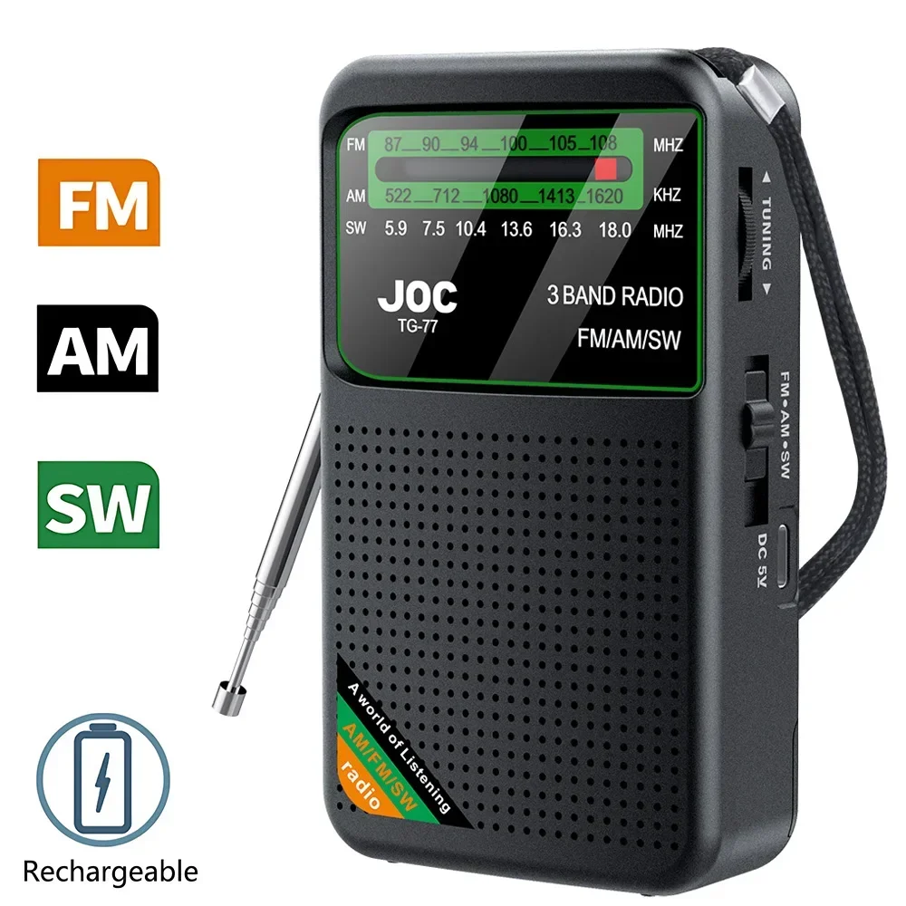 Radio portátil AM/FM/SW de bolsillo con batería recargable, buena recepción, compatible con auriculares con cable, Mini Radios receptoras FM