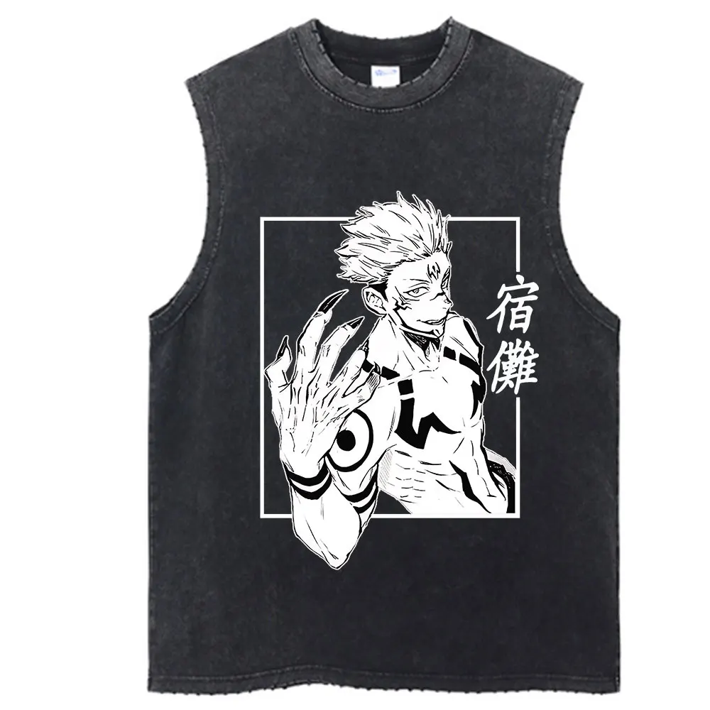 Vintage Cotton Black Summer Wash Vest Anime Print Washed Tank Top Harajuku Hip Hop Streetwear Unisex Tops