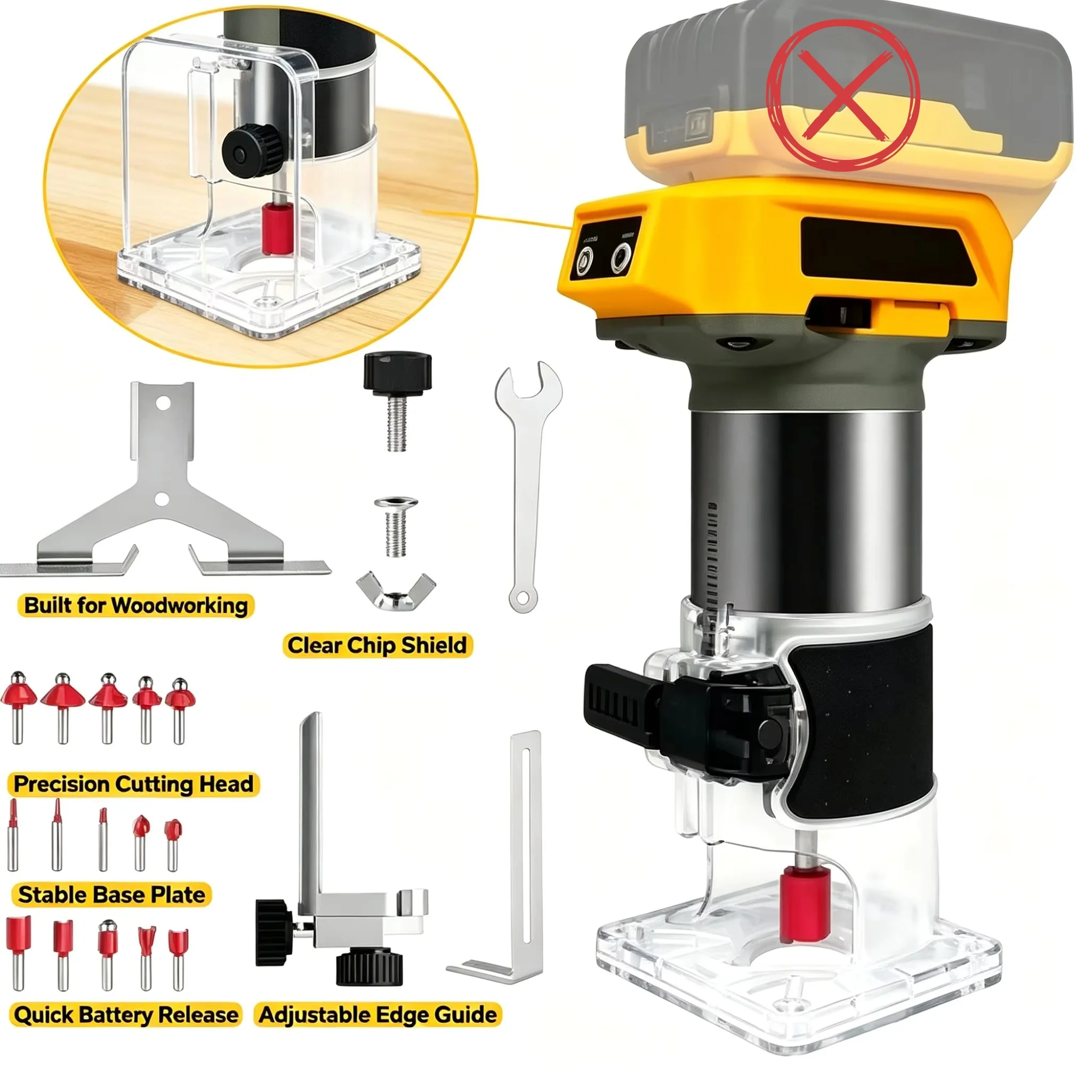 Cordless Wood Router 800W 30000RPM Brushless Electric Trimmer Woodworking Trimming Machine for Dw 20V Battery (No Battery)