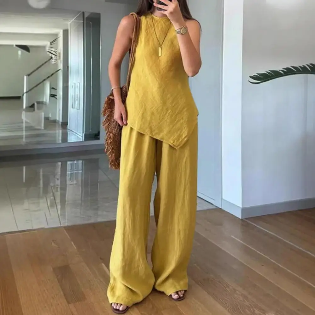

Trendy Solid Color Twinset Stylish Women's Irregular Hem 2 Piece Outfit Set with Sleeveless Top Wide Leg Pants for Summer Casual