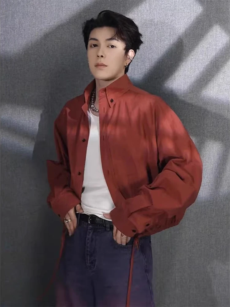 

Red High-End Stand Collar Long Sve Men's irt ort Sle Dstring Design Spring Autumn Trendy Outerwear Stand Fit