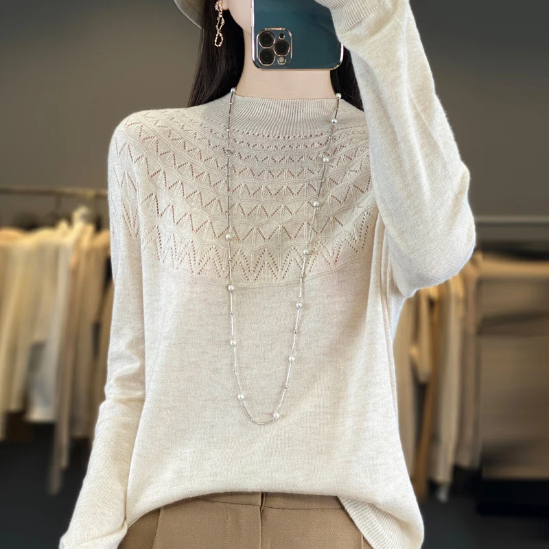 Women's Pullover Autumn New Worsted Wool Sweater Casual Hollow Knitwear Ladies' Tops Loose Half Turtle Collar Blouse