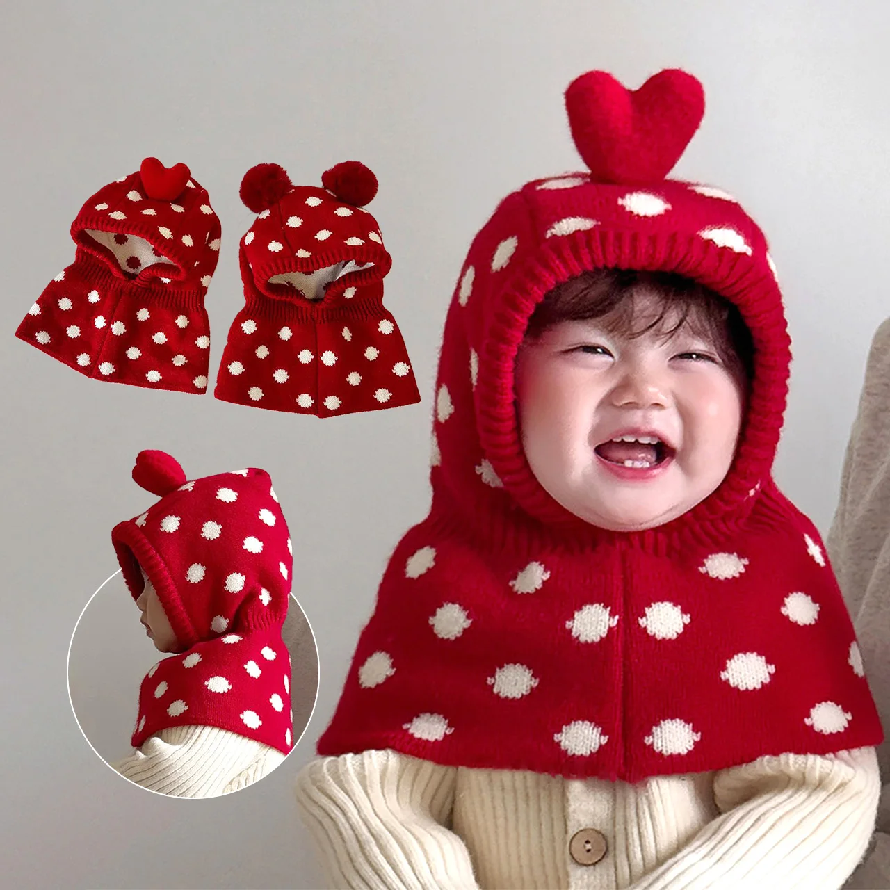 

Новогодняя красная шапка-балаклава для ребенка, шарф, цельная шапка, милые шапочки с капюшоном в горошек, зимние теплые детские вязаные шапки с защитой ушей