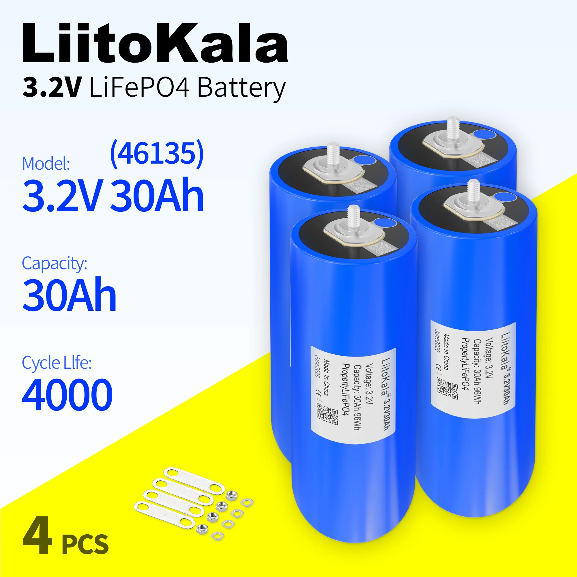 LiitoKala 46135 3.2V 30Ah LiFePO4 Battery 4000 Cycles Grade A Rechargeable Lithium Iron Phosphate Cell for Solar RV DIY 12V Batt