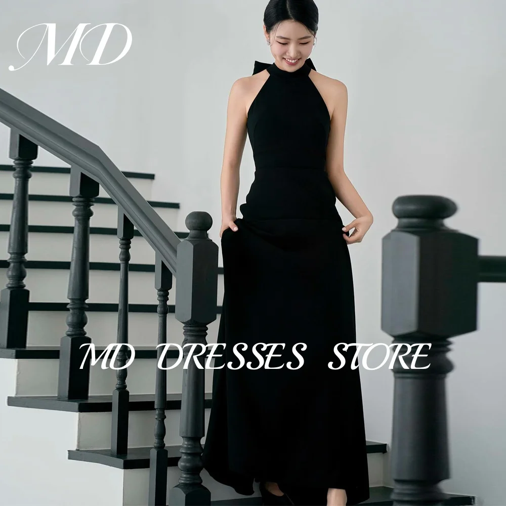 

MD Elegant Black A-line Wedding Dresses Halter Back Bow Evening Dress Korea Photoshoot Floor Length Reception Dress Customized