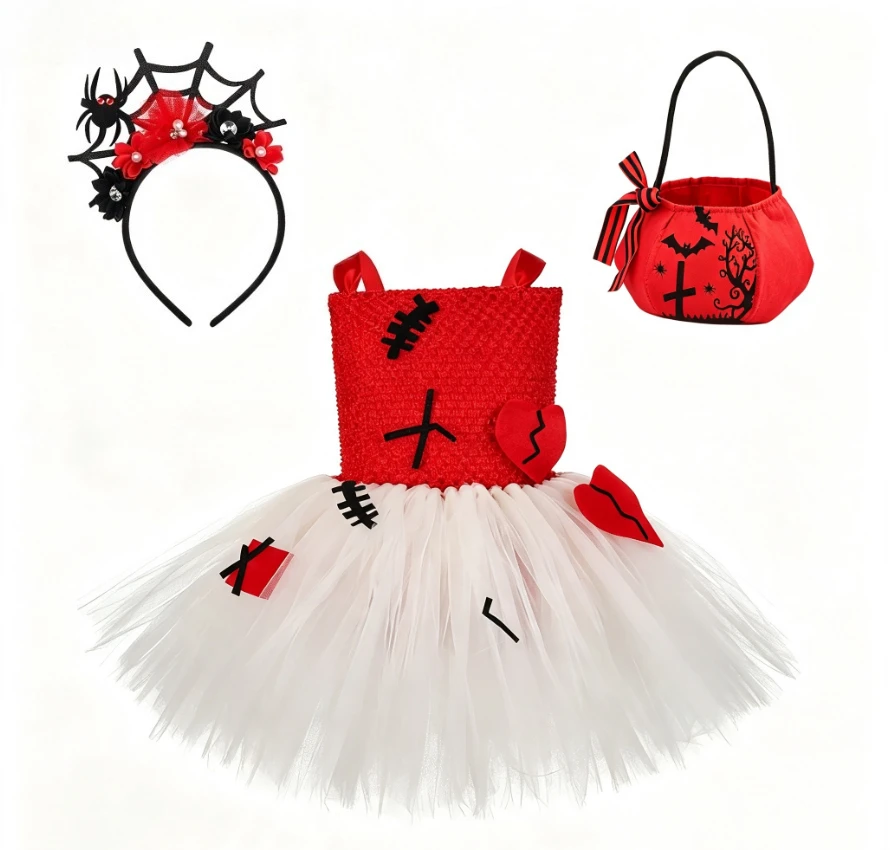 Halloween Scary Doll Gothic Style Mesh Tutu Dress With Fashion Design Print For Children Holiday Horror Theme Role Play Clothing