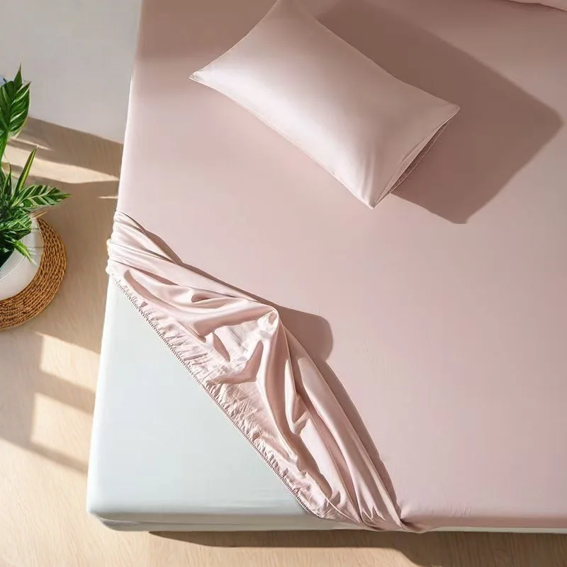 Summer Ice Silk Solid Fitted Sheet with Full Elastic Band Mattress Protector, 90/120/150/180×200cm, Single Double King Size Beds