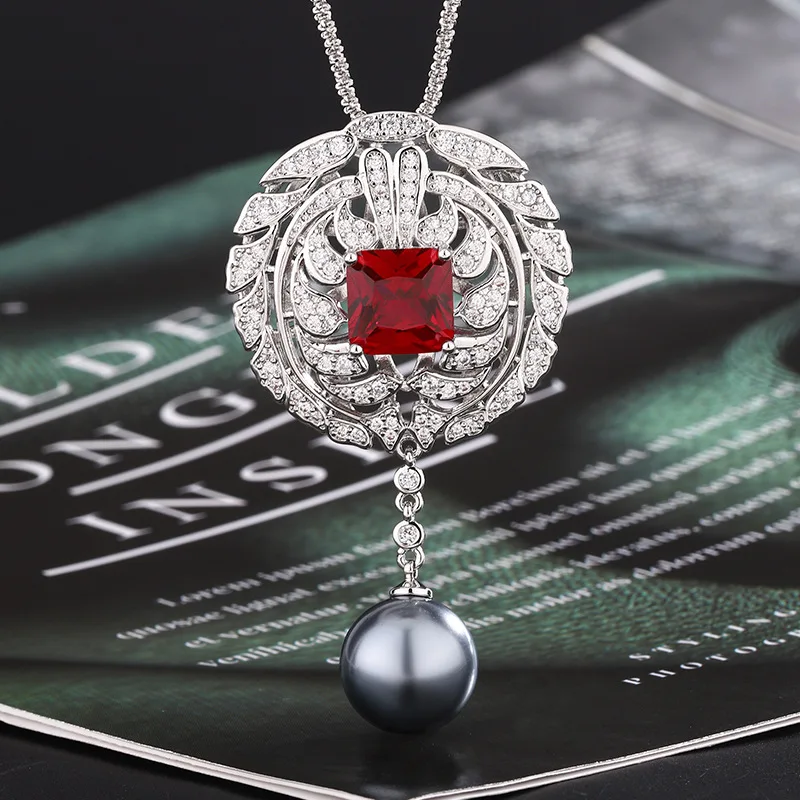 

New Chinese Style Retro Pigeon Blood Red Ruby Emerald Pearl Pendant Necklace Fashion Commuter Wholesale