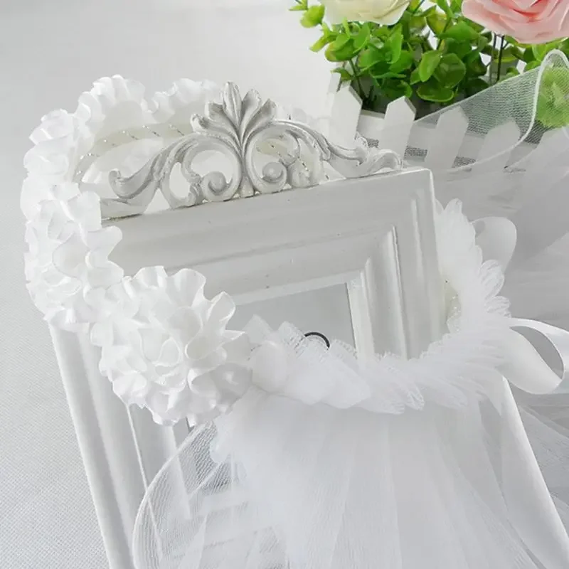 Velo de novia para mujer, corona de pelo de flores blancas, diadema de boda, cinta ajustable con cordones, accesorio para despedida de soltera