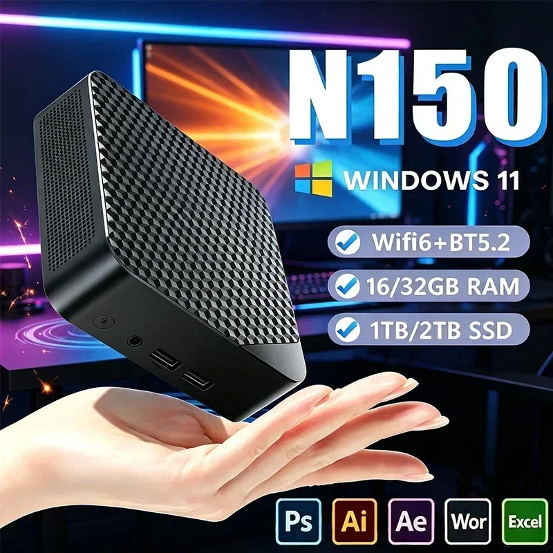 New Intel N150 Mini PC Protable Gaming 16GB RAM 1/2TB SSD Gamer Dual WIFI6 BT5.2 4K HD Office Study Mini Desktop Computer