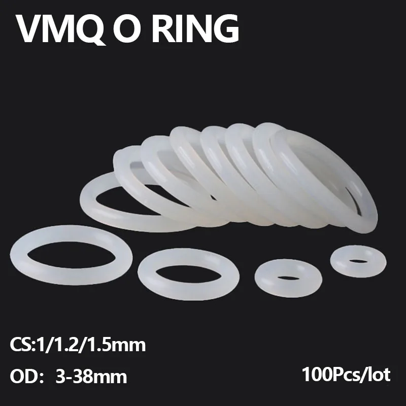 100Pcs,Heat-Resistant Food Grade Silicone O-Ring,VMQ White Rubber Seal O Ring,Thickness 1/1.2/1.5mm OD 3-38mm