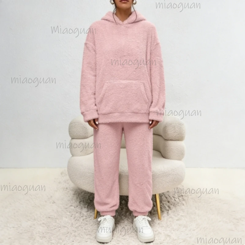 

Стильный женский комплект пижамы из флиса: теплый плюшевый пуловер с капюшоном и брюки для дома и сна, 2 предмета