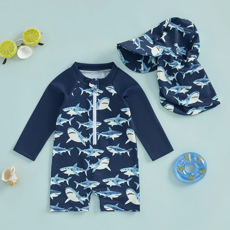 Toddler Boy Long Sleeve Swimsuit Shark Print Half Zipper Non-Pilling Rash Guard Swimwear Sunhat Set