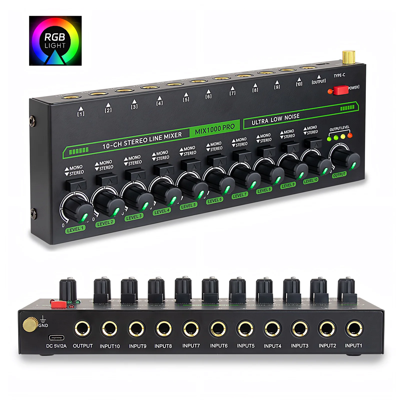6 10 Channels Audio Mixer Portable Ultra Low Noise Stereo Mono Line Mixer with RGB Light Audio Processor for Studio Recording