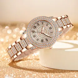 Montres en acier diamant pour femme, montre-bracelet à quartz pour femme, bracelet en or rose, cristal brillant, mode de luxe