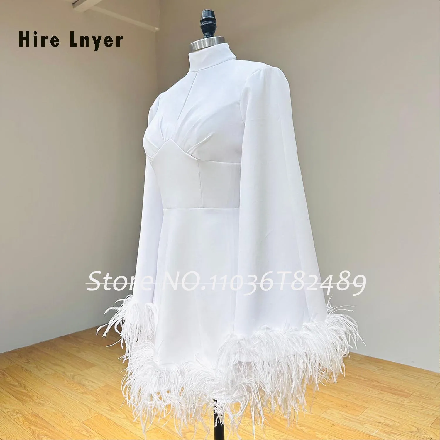 Hire Lnyer High Neck Long Sleeve See Through Buttons Up Back Feather Soft Satin Short Eveneing Dresses