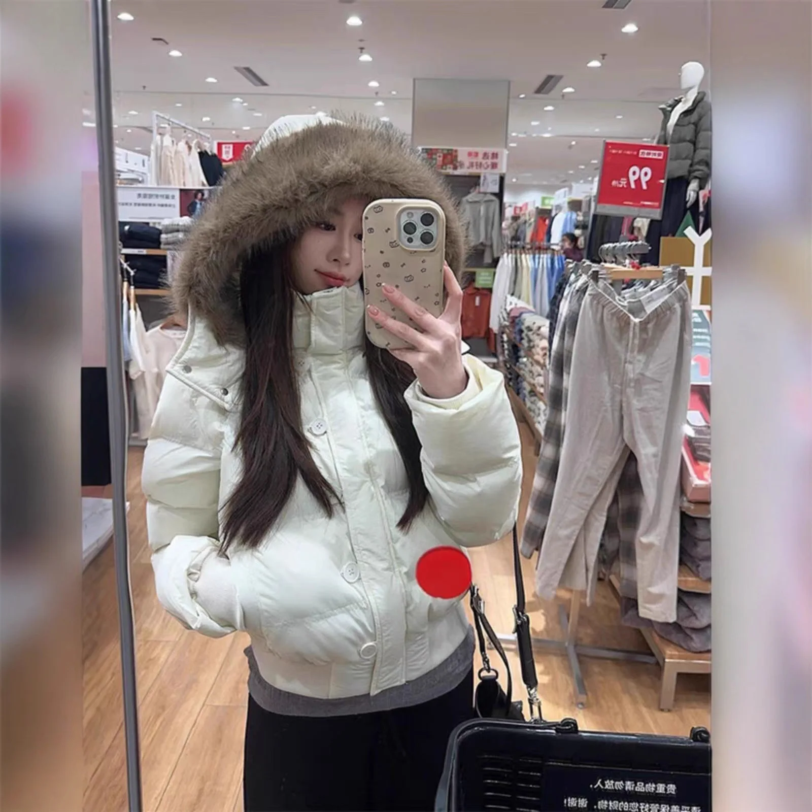 Autumn Winter Fur Hooded Jacket Women Outerwear Thick Dowon Cotton Padded Slim Short Parkas Female Cropped Puffer Bubble Coat