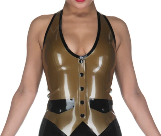 

100% latex Rubber Gummi Brown Black stitching sleeveless short sleeve sexy comfortable, role-playing, party xs-xxl 0.4 mm