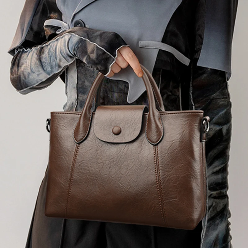 Retro Elegant Women Crossbody Handbag Soft PU Tote Bag Snap Button Closure Simple Style Multi‑way Shoulder Bag for Daily Leisure