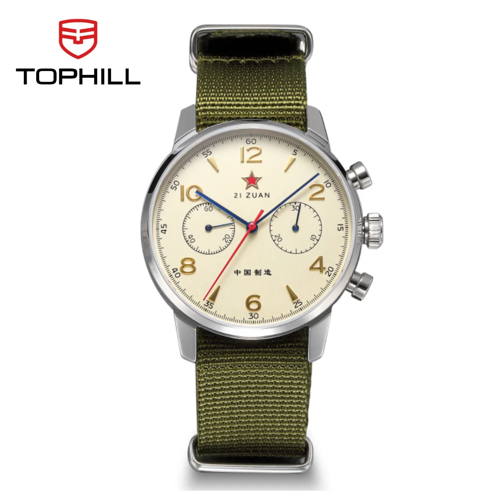 TOPHILL Mechanische Chronographenuhr mit Handaufzug, 40 mm, ST1901, Saphirglas, 5 Bar, wasserdicht, Militär-Retro-Uhr, Herrenuhr 1963 TL025G