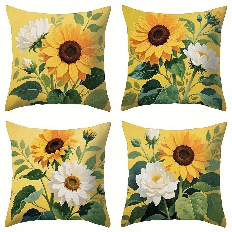 Vibrant Sunflower Floral Cushion Covers Pillow Cases Yellow Botanical Prints 40x40cm Home Decorative Accent for Living Room