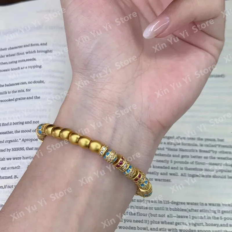 Women Retro Bohemian Beaded Bracelet  24K  Genuine Gold Round Beads Enamel Colorful Rhinestone Inlaid Ethnic Hand Jewelry Gift