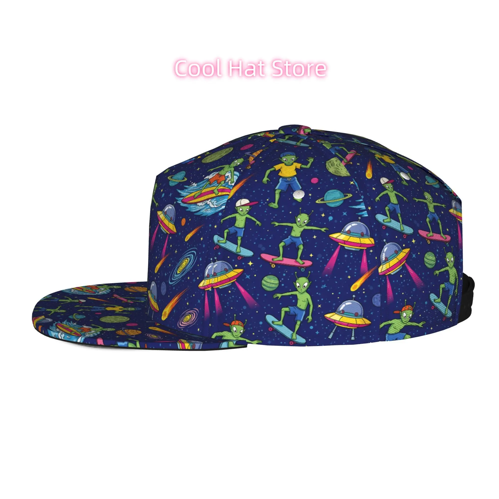 Men's and Women's Baseball Cap, Aliens in Space Surfing and Skateboarding Adjustable Snap-on Brim, Flat-top Design - Suitable fo