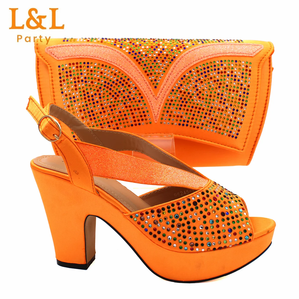 New Fashion Orange Color Luxury Comfortable Heels Ladies High Heel Sandals with Crystal Bag Set For Party Women