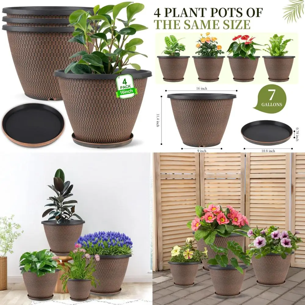 

16 inch plant pots, large planters for outdoor plants set of 4, round plastic flower pots with drainage holes & trays, modern de