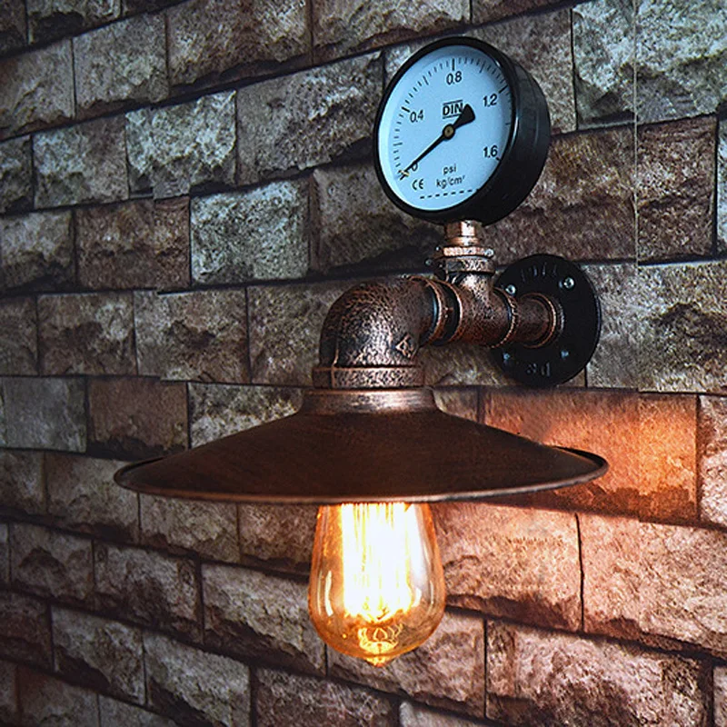Industrial Steampunk Pipe Wall Sconce with Pressure Gauge Retro Rust Metal Shade Wall Lamp for Bar Cafe Loft Restaurant