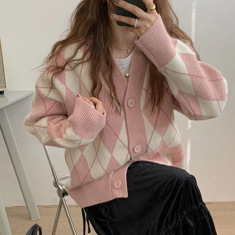 Diamond Knitted Cardigan for Women Autumn Winter V Neck Loose Sweater Coat Woman Pink Long Sleeve Oversized Cardigan Female