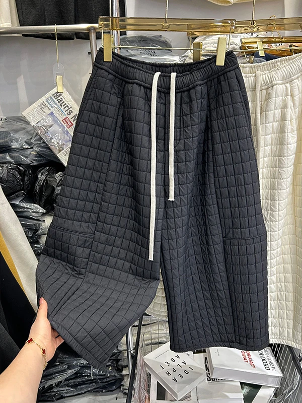 

Корейские женские зимние утепленные флисовые брюки в клетку с широкими штанинами, прямого кроя, маленького размера, фасона «баллон»