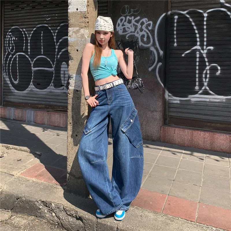 Women's American Korean Y2K Curved Scythe Jeans High Waist Loose Wide Leg Draping Casual Streetwear Baggy Denim Pants