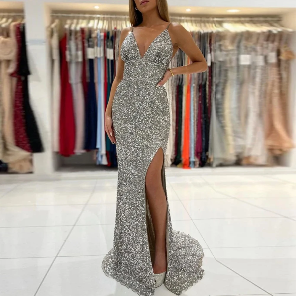 2023 Simple Grey Sequins Prom Dresses Women's Sexy V-Neck Strap Evening Gowns Side Slit Formal Beach Party Sleeveless Vestidos