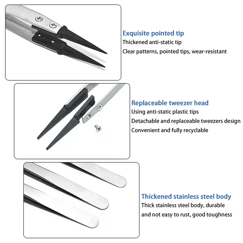 1PCS Antistatic Tweezers, Plastic Tipped Tweezers, Electrician Tweezers Curved Flat Interchangeable Tip Antistatic Fixture