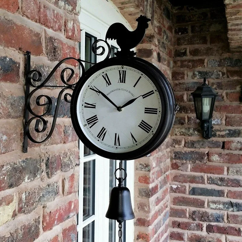 Outdoor Wall Clock Double Sided Cockerel Vintage Retro Home Decor Coffee Bar Decoration Metal Hanging Clock Battery Power