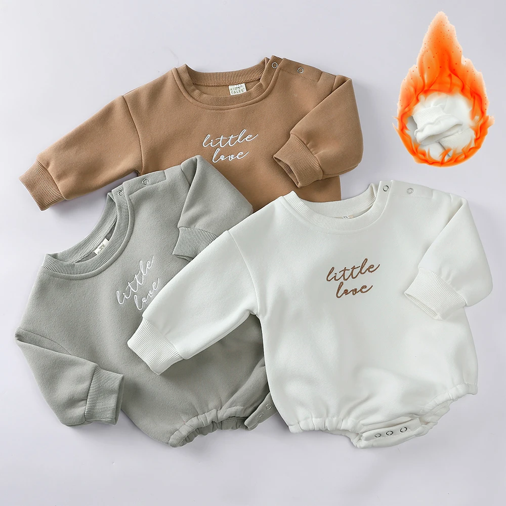 

2025 Newborn Winter Clothes Thicken Fleece Baby Romper Embroidery Letter LOVE Onesies Toddler Boy Girl Jumpsuits Infant Pyjamas