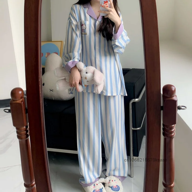 Sanrio Hello Kitty Cute Sweet Y2k Girl Striped Sleepwear Women Spring Autumn New Loose Pajamas Korean Style Trend Home Suit Set