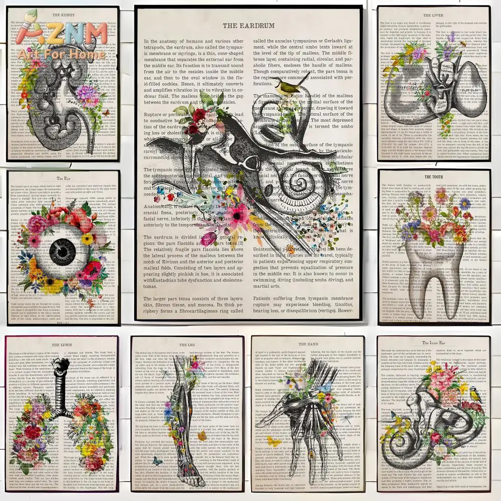 AZNM Vintage Anatomy Organ Floral Print Canvas Wall Art Human Kidney Ear Eye Tooth Lung Leg Hand Medical Science Decor Unframed