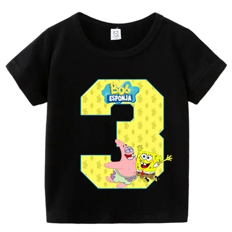 SpongeBob SquarePants Birthday Number T Shirt Kids Party Summer Clothes Baby Cartoon Tees Shirts Girls  Anime Short Sleeve Top