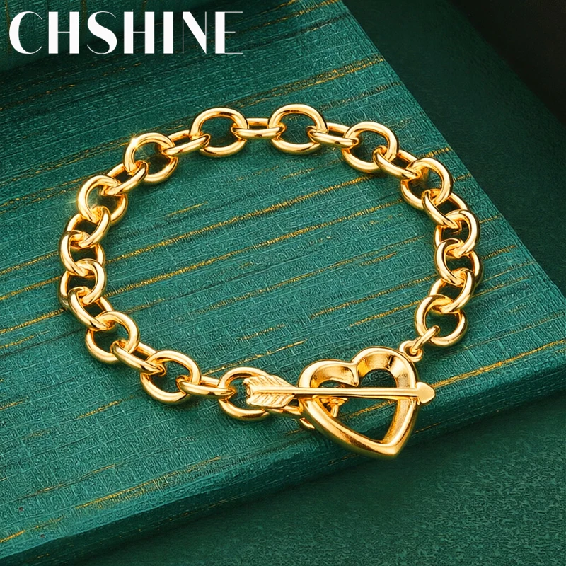 925 Sterling Silver 18K Gold  Arrow Through Heart Bracelet Chunky Rolo Chain Romantic Love Theme Women Jewelry Gift