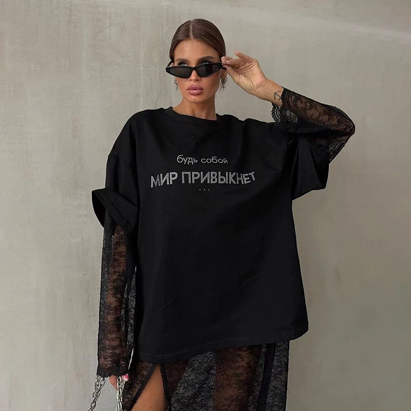 Summer O Neck Goth Loose Basic Tee Shirt Oversized Black T Shirts For Woman Luxury Rhinestone Letter Chic Casual T-shirt