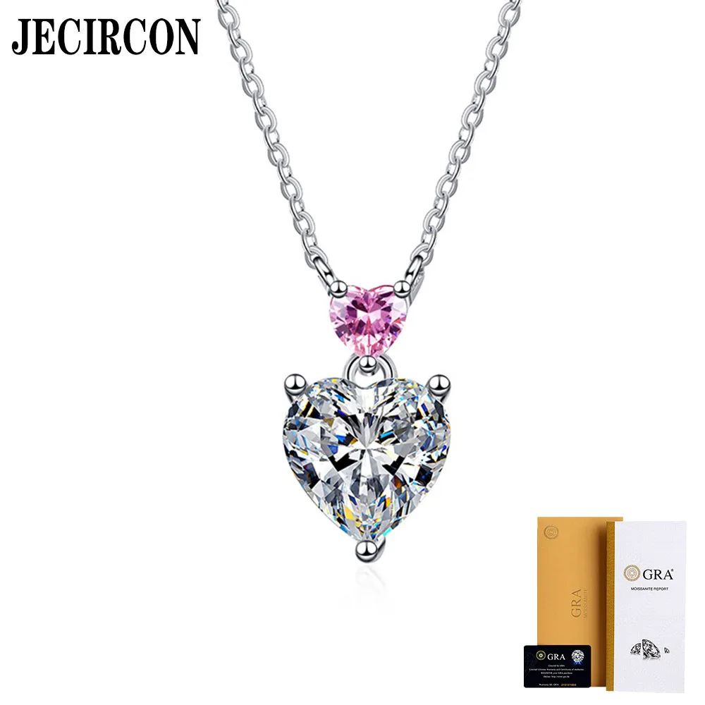 

JECIRCON S925 Sterling Silver 1CT Moissanite Necklace Japanese and Korean Simple Double Heart Pendant Clavicle Chain Jewelry