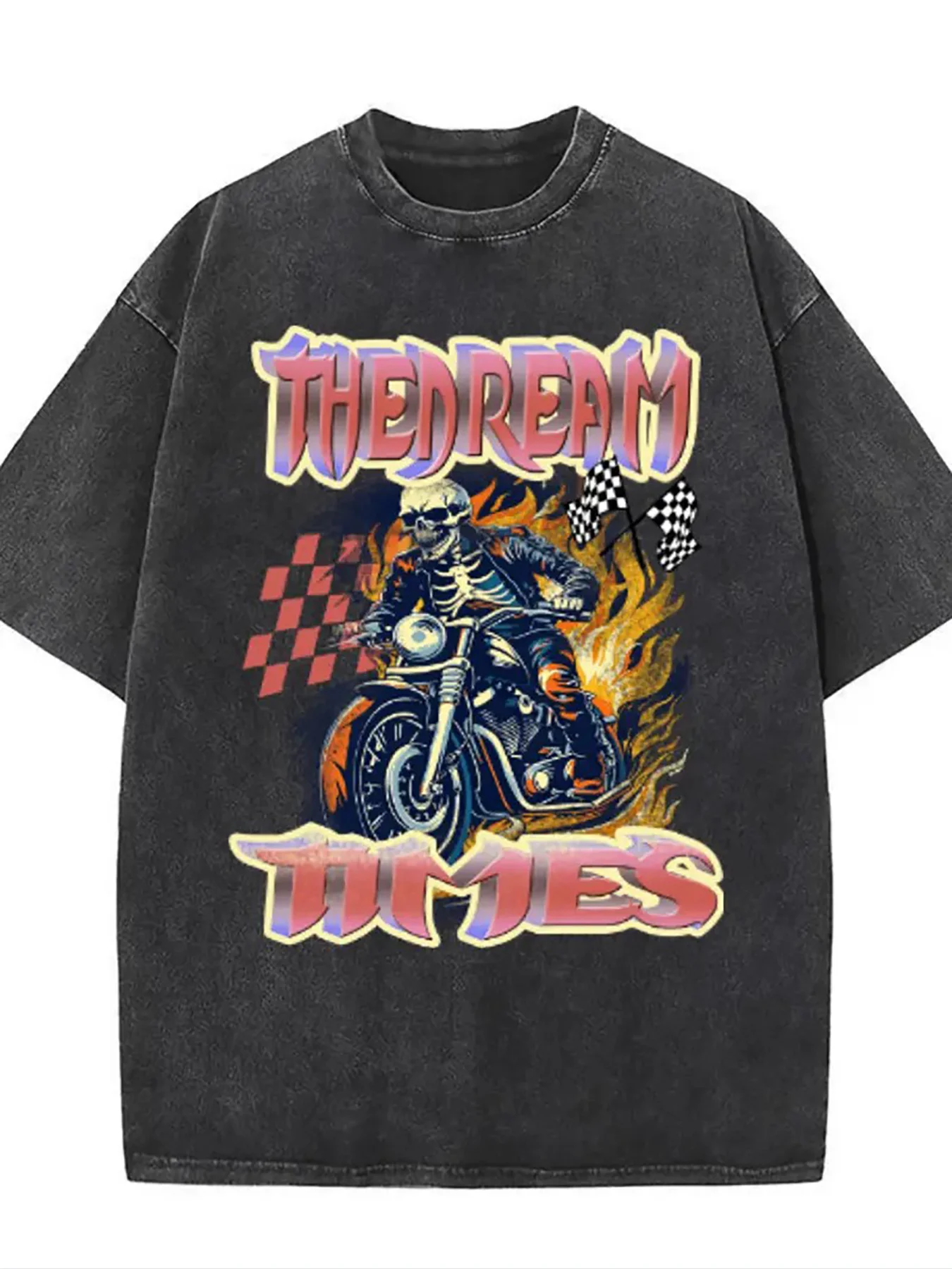 Men's Retro Washed T-Shirt - Dreamy Time-Traveling Skull Biker Pattern, with Plaid Flag and Motorcycle Flame Print, Retro Street Style Round Neck Short-Sleeve T-Shirt, Breathable and Comfortable for All Seasons, Clothing for Cycling Enthusiasts, Casual Rock Style Top