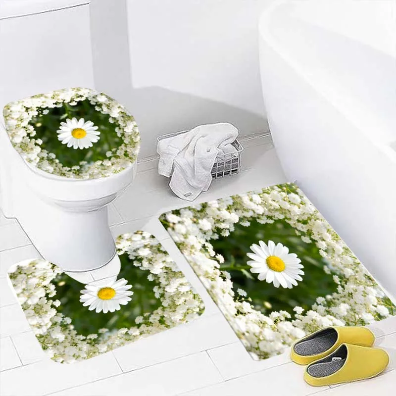 3Pcs Fresh Daisy Flower Field Bathroom Rug Set, Natural Green Grass White Baby's Breath Wreath Large Daisy Floral Print Non‑Slip Bath Mat, U‑Shaped Contour Rug and Toilet Lid Cover, Spring Pastoral Nature‑Theme Bathroom Floor Decor Mats